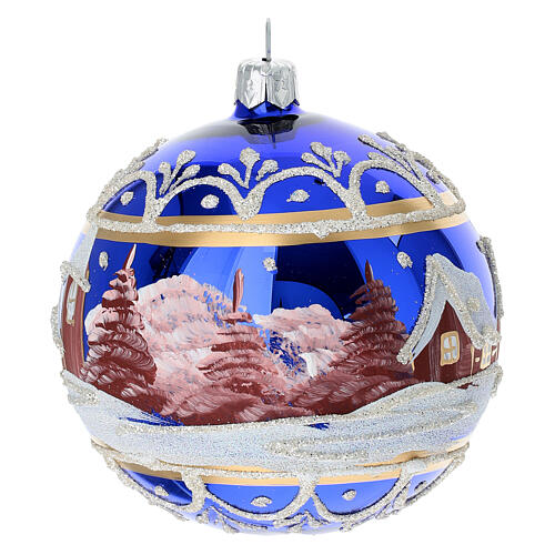Boule de Noël paysage fond bleu brillant 100 mm verre soufflé 4