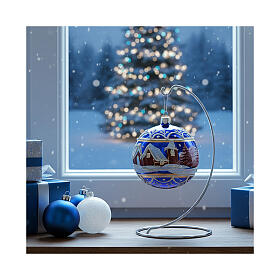 Pallina di Natale paesaggio fondo blu lucido 100 mm vetro soffiato