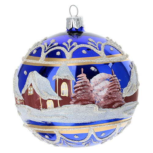Pallina di Natale paesaggio fondo blu lucido 100 mm vetro soffiato 3