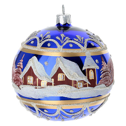 Pallina di Natale paesaggio fondo blu lucido 100 mm vetro soffiato 6
