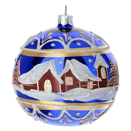Pallina di Natale paesaggio fondo blu lucido 100 mm vetro soffiato 9