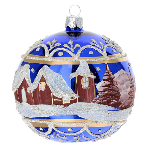 Glossy Blue Christmas Bauble Snowy Village Landscape 100 mm Blown Glass 1