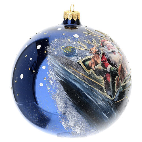 Weihnachtsbaumkugel, Weihnachtsmann mit Rentierschlitten, aus mundgeblasenem Glas, blau, Decoupage, Ø 15 cm 3