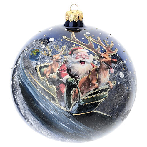 Christmas ball with Santa Claus decoupage, 6 in, glossy blue blown glass 1