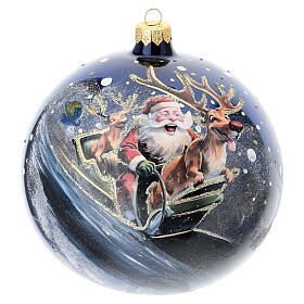 Glossy Blue Christmas Bauble with Santa Claus Decoupage 150 mm Blown Glass