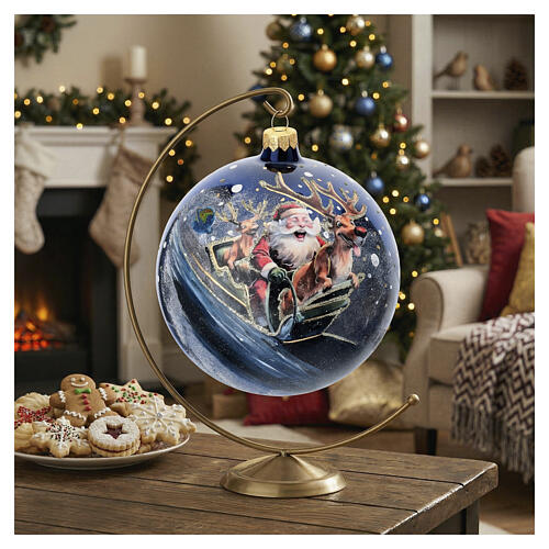 Glossy Blue Christmas Bauble with Santa Claus Decoupage 150 mm Blown Glass 2