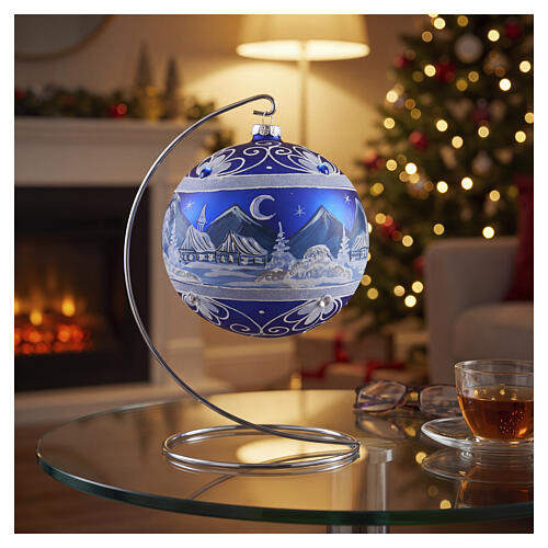 Weihnachtsbaumkugel, nächtliche Winterlandschaft, aus mundgeblasenem Glas, blau, handbemalt, Ø 15 cm 2