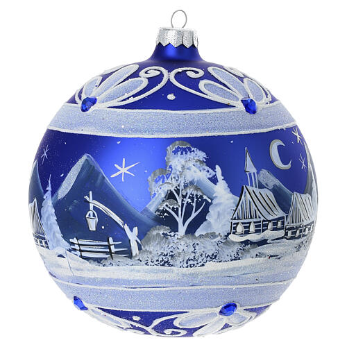 Blue Christmas ball with nighttime snowy landscape, blown glass, 6 in 3