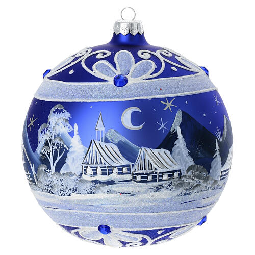 Pallina blu paesaggio innevato notturno vetro soffiato 150 mm 1