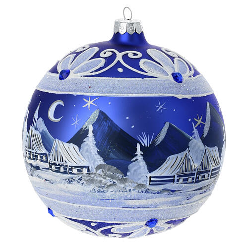 Pallina blu paesaggio innevato notturno vetro soffiato 150 mm 2