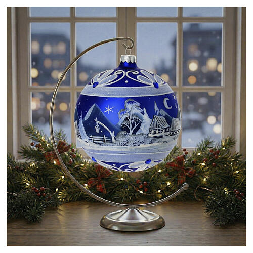 Blue Christmas ball snowy night landscape blown glass 150 mm 2