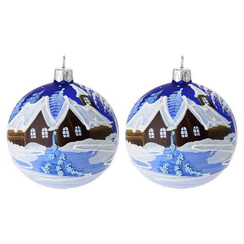 Box of 2 blue winter landscape balls, 3 in, blown glass 1