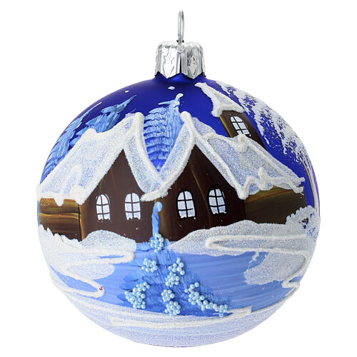 Box of 2 blue winter landscape balls, 3 in, blown glass 3