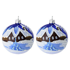 Box 2 palline paesaggio invernale blu 80 mm vetro soffiato