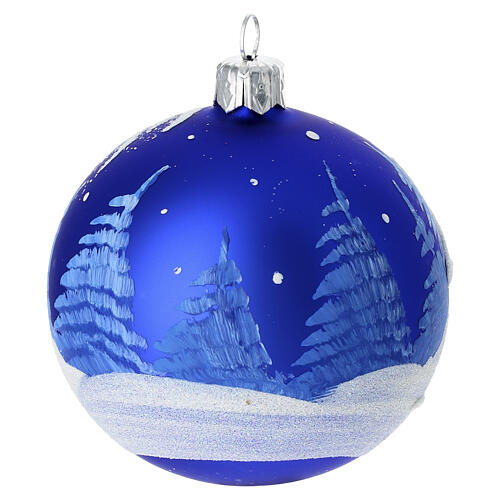 Caixa 2 bolas de Natal paisagem invernal azul 80 mm vidro soprado 2
