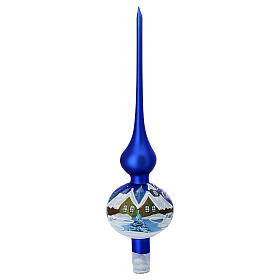 Puntale di Natale blu satinato paesaggio dipinto vetro soffiato 36 cm