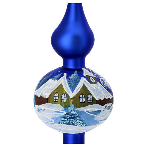 Ponteira de Natal azul acetinado paisagem pintada vidro soprado 36 cm 2
