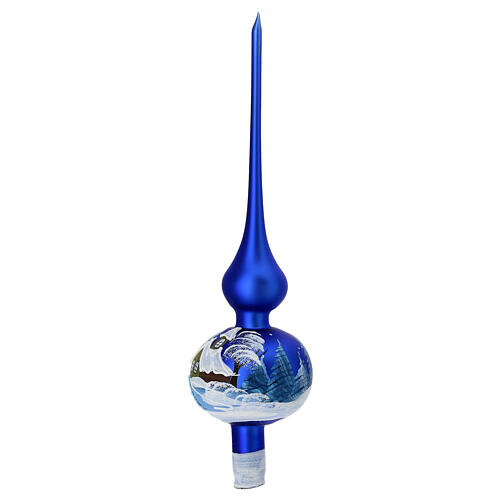 Satin Blue Christmas Tree Topper Hand-Painted Snowy Landscape Blown Glass 36 cm 3