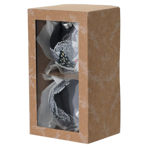 Set 2 palline paesaggio invernale nero opaco vetro soffiato 80 mm 6