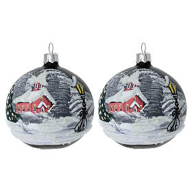 Set of 2 matte black blown glass winter landscape baubles, 80 mm