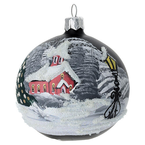 Set of 2 matte black blown glass winter landscape baubles, 80 mm 2