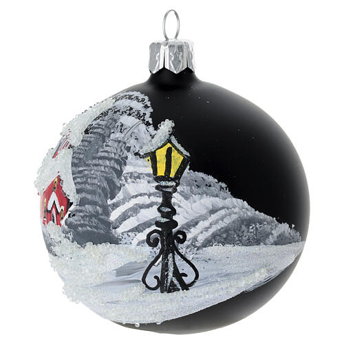 Set of 2 matte black blown glass winter landscape baubles, 80 mm 3
