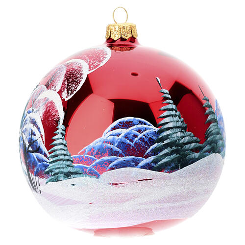 Weihnachtskugel aus mundgeblasenem Glas, rotes Dekor mit Winterlandschaft und Weihnachtsmann – Ø 12 cm 2