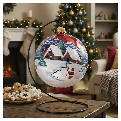 Weihnachtskugel aus mundgeblasenem Glas, rotes Dekor mit Winterlandschaft und Weihnachtsmann – Ø 12 cm 2