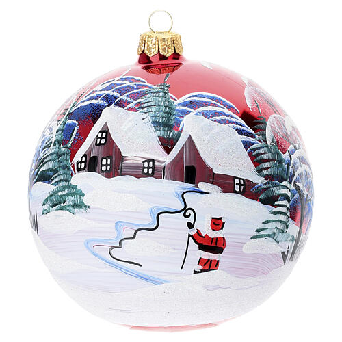 Boule rouge paysage peint Père Noël verre soufflé 120 mm 1