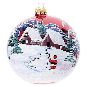 Pallina rossa paesaggio dipinto Babbo Natale vetro soffiato 120 mm