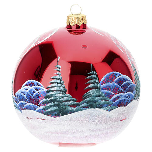 Pallina rossa paesaggio dipinto Babbo Natale vetro soffiato 120 mm 4