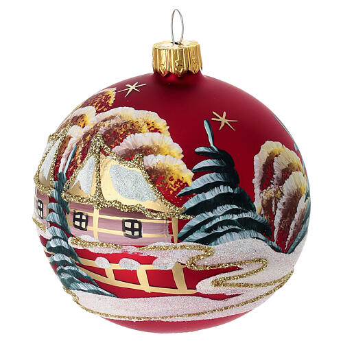 Set 2 boules de Noël paysage peint fond rouge mat 80 mm verre soufflé 3