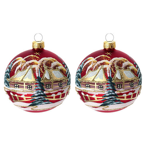 Conjunto 2 bolas de Natal paisagem pintada fundo vermelho opaco 80 mm vidro soprado 1