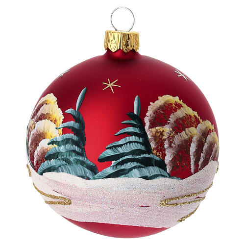 Conjunto 2 bolas de Natal paisagem pintada fundo vermelho opaco 80 mm vidro soprado 5