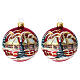 Set of 2 landscape painted balls matte red background 80 mm blown glass s1