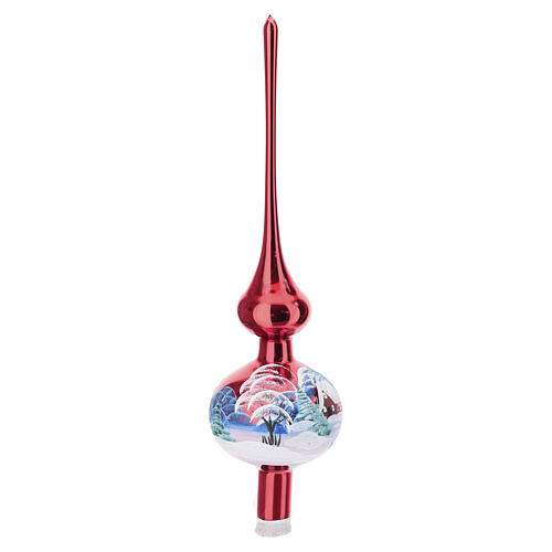 Baumspitze aus mundgeblasenem Glas, rotes Dekor mit Winterlandschaft und Weihnachtsmann – Höhe 36 cm 4