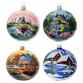 Set 4 bolas de Navidad de vidrio soplado 4 estaciones decoración a mano 100 mm