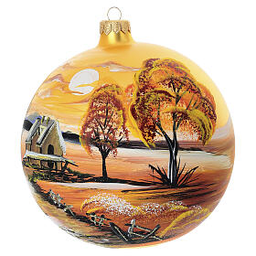 Blown glass ball, painted autumn landscape, 6 in
