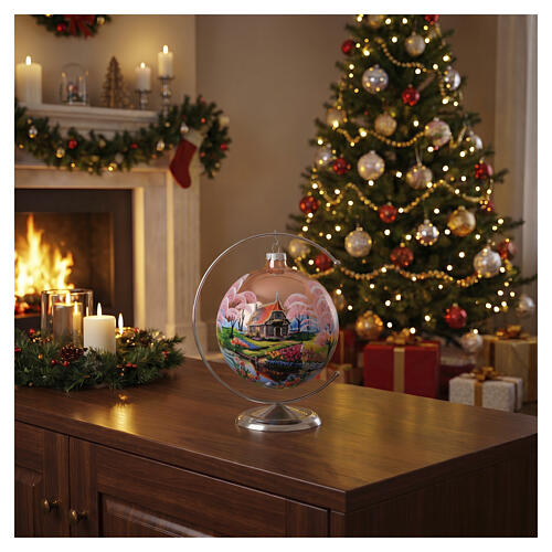 Boule paysage printanier rose en verre soufflé 150 mm 2