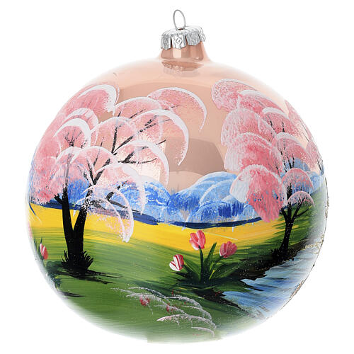 Boule paysage printanier rose en verre soufflé 150 mm 6