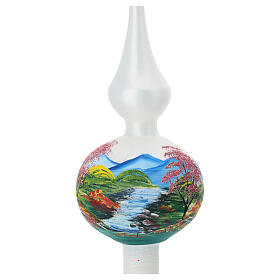 Blown glass Christmas tree topper with flowery landscape, 14 in