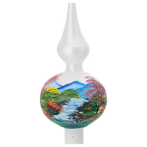 Blown glass Christmas tree topper with flowery landscape, 14 in 2