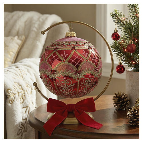 Light red Christmas ball with glitter decoration, 6 in, blown glass 2
