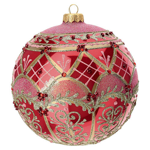 Pallina natalizia rosso chiaro decoro glitter 150 mm vetro soffiato 1