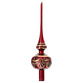 Baumspitze aus mundgeblasenem Glas, glänzend rote Grundfarbe mit goldenem Dekor und Strass – Höhe 36 cm