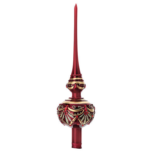 Baumspitze aus mundgeblasenem Glas, glänzend rote Grundfarbe mit goldenem Dekor und Strass – Höhe 36 cm 3