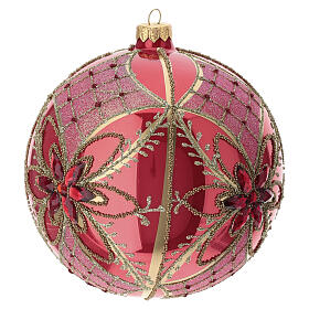 Red Christmas ball with gold flowers and rhinestones, blown glass, 6 in