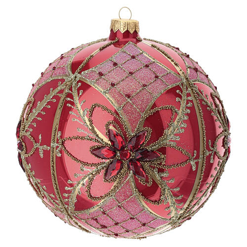 Boule de Noël rouge fleurs dorées strass verre soufflé 150 mm 1