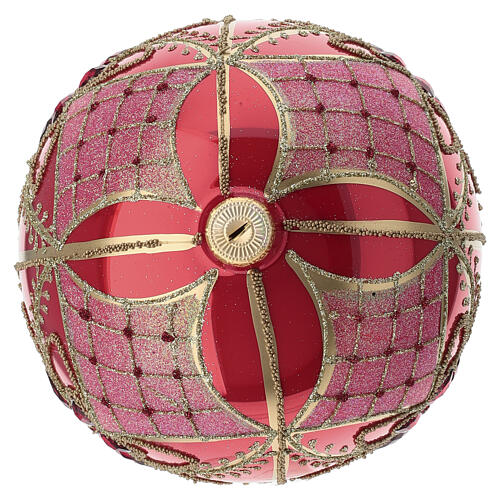 Boule de Noël rouge fleurs dorées strass verre soufflé 150 mm 3