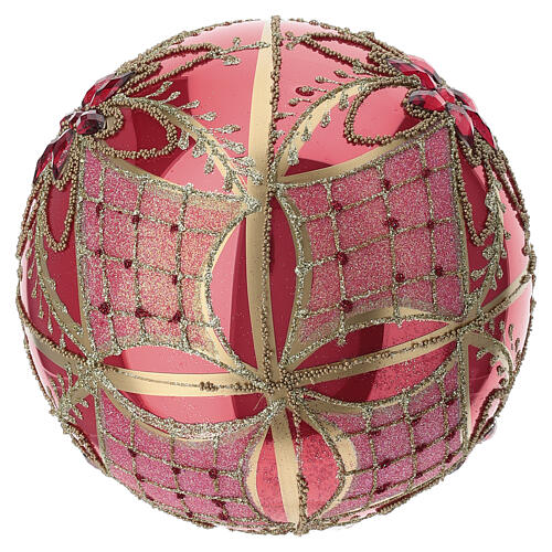 Czerwona bombka z dmuchanego szkła, z kwiatami, złotymi kryształami, 150 mm 4